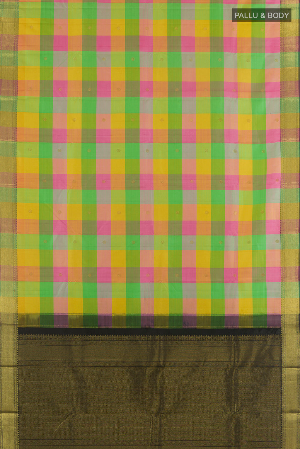Flat view of Pure Silk Multi Color Kanjivaram Saree with Checked design on the body and Zari Border. 