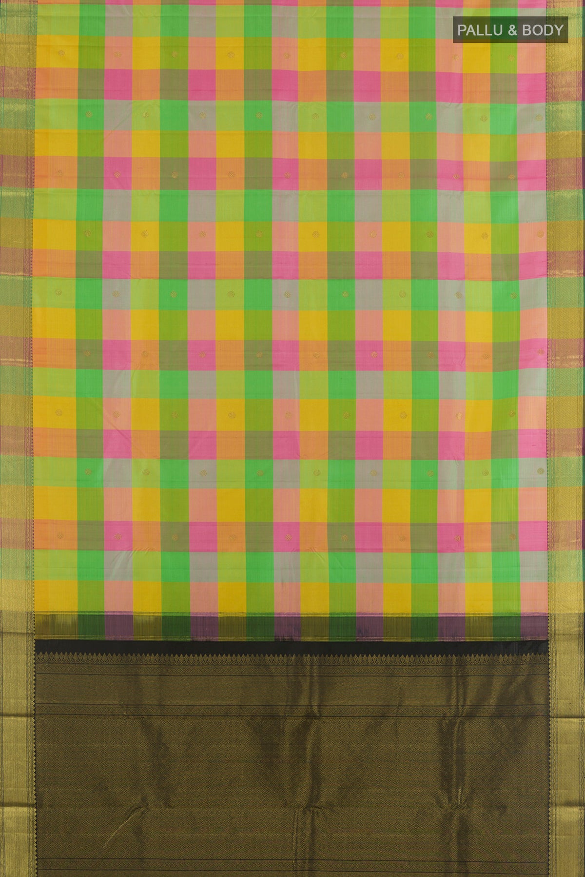 Flat view of Pure Silk Multi Color Kanjivaram Saree with Checked design on the body and Zari Border. 