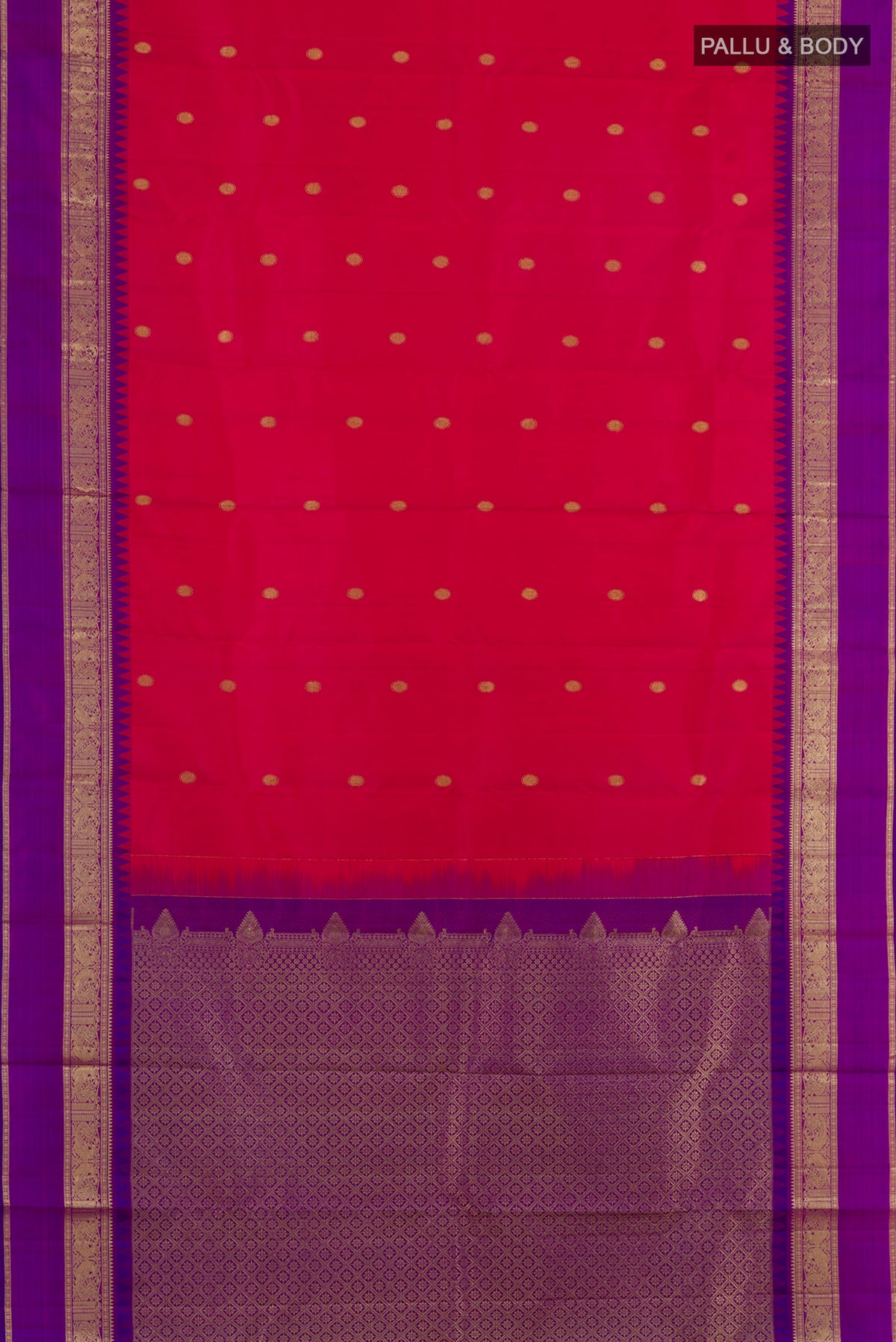 Flat view of Pure Silk Red Kanjivaram Saree with Zari Butta on the body and Zari Border. 