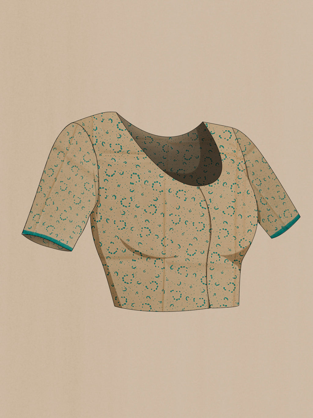 Close up image of the blouse of Pure Silk Beige Printed Saree with Printed design on the body and Printed Border. 