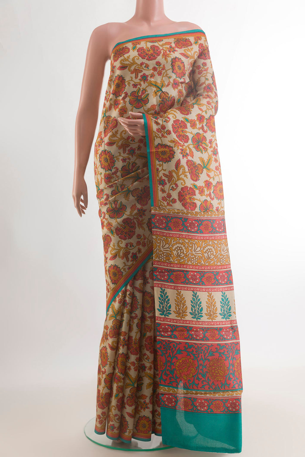Pure Silk Beige Printed Saree with Printed design on the body and Printed Border.  displayed on a mannequin
