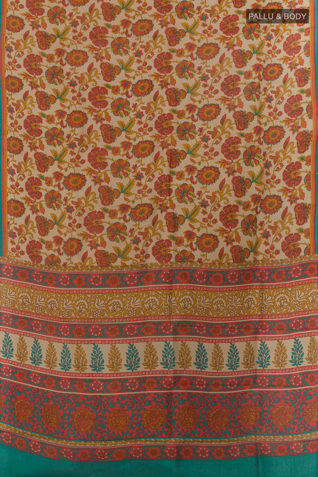 Flat view of Pure Silk Beige Printed Saree with Printed design on the body and Printed Border. 