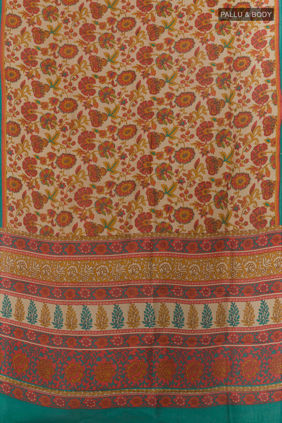 Flat view of Pure Silk Beige Printed Saree with Printed design on the body and Printed Border. 