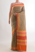 Pure Silk Yellow Printed Saree with Printed design on the body and Printed Border.  displayed on a mannequin