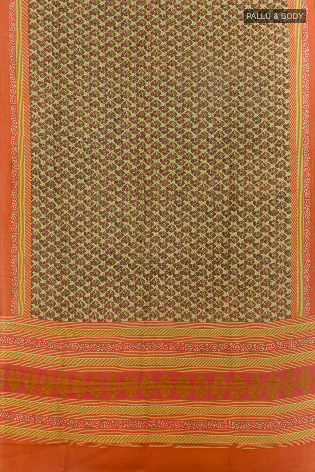 Flat view of Pure Silk Yellow Printed Saree with Printed design on the body and Printed Border. 