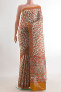 Pure Silk Off White Printed Saree with Printed design on the body and Printed Border.  displayed on a mannequin