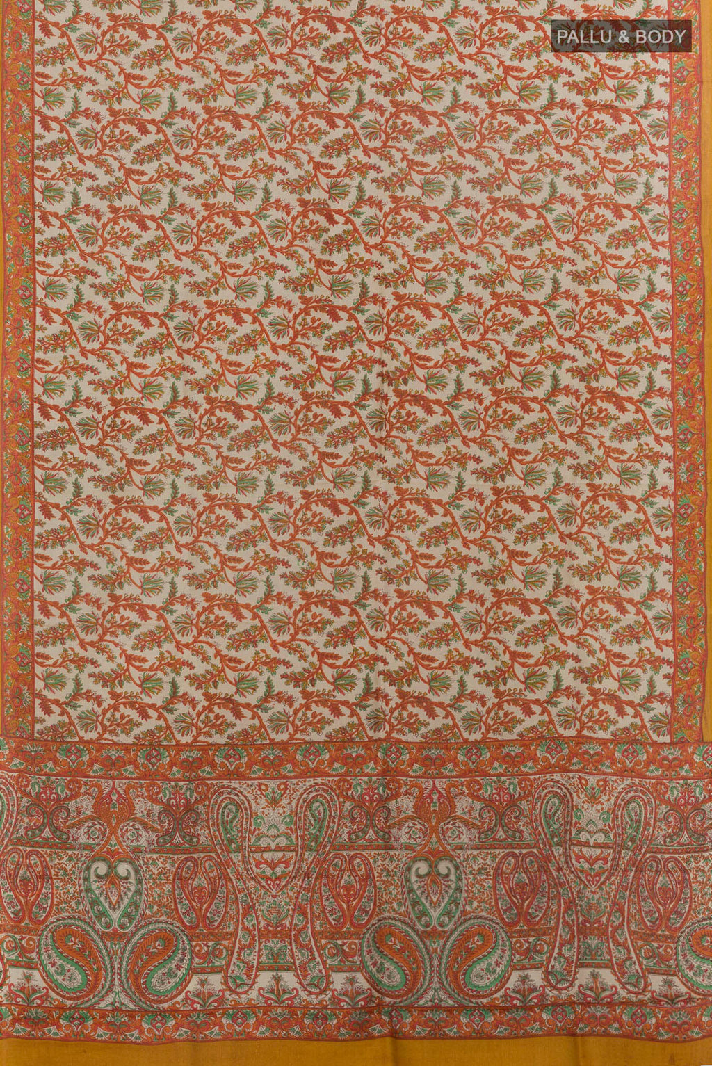 Flat view of Pure Silk Off White Printed Saree with Printed design on the body and Printed Border. 