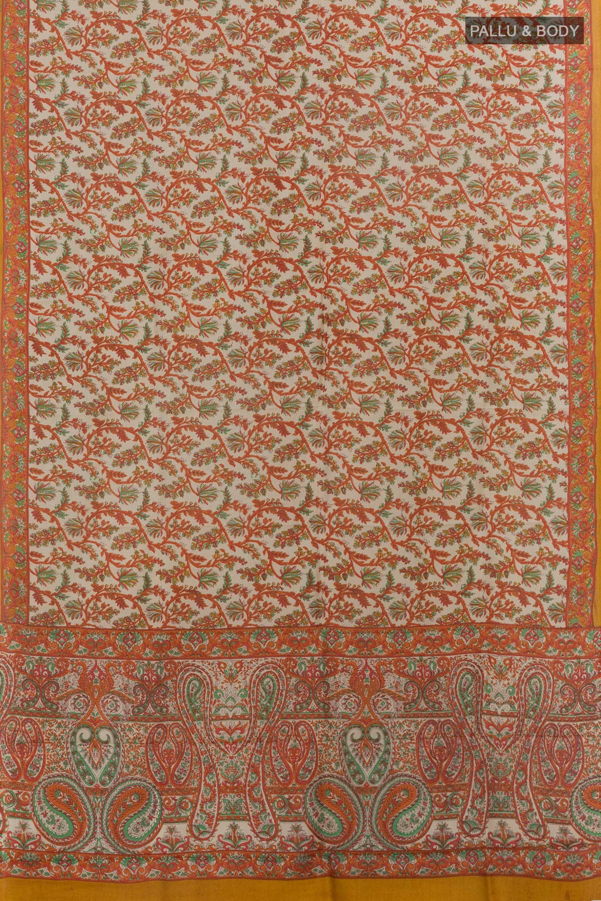 Flat view of Pure Silk Off White Printed Saree with Printed design on the body and Printed Border. 