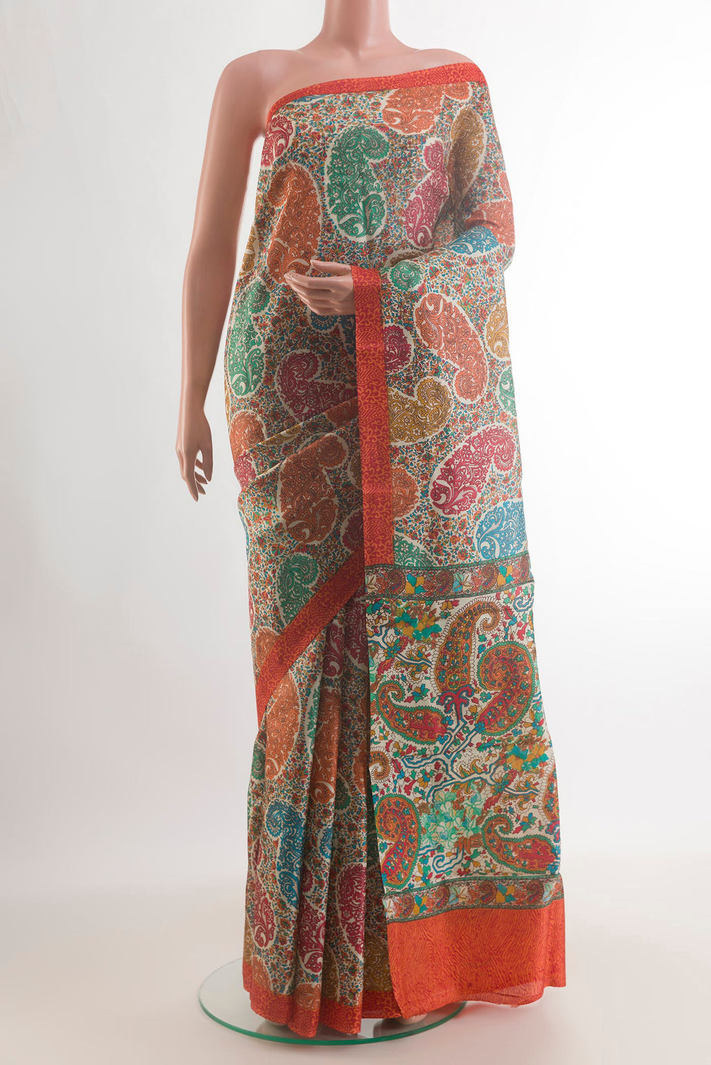 Pure Silk Multi Color Printed Saree with Printed design on the body and Printed Border.  displayed on a mannequin