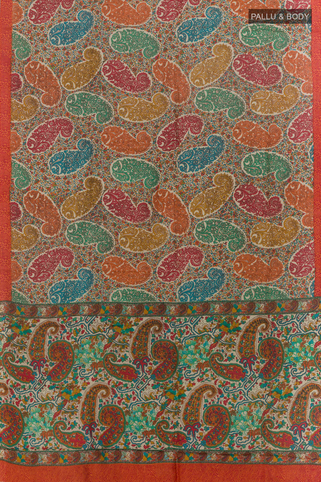 Flat view of Pure Silk Multi Color Printed Saree with Printed design on the body and Printed Border. 