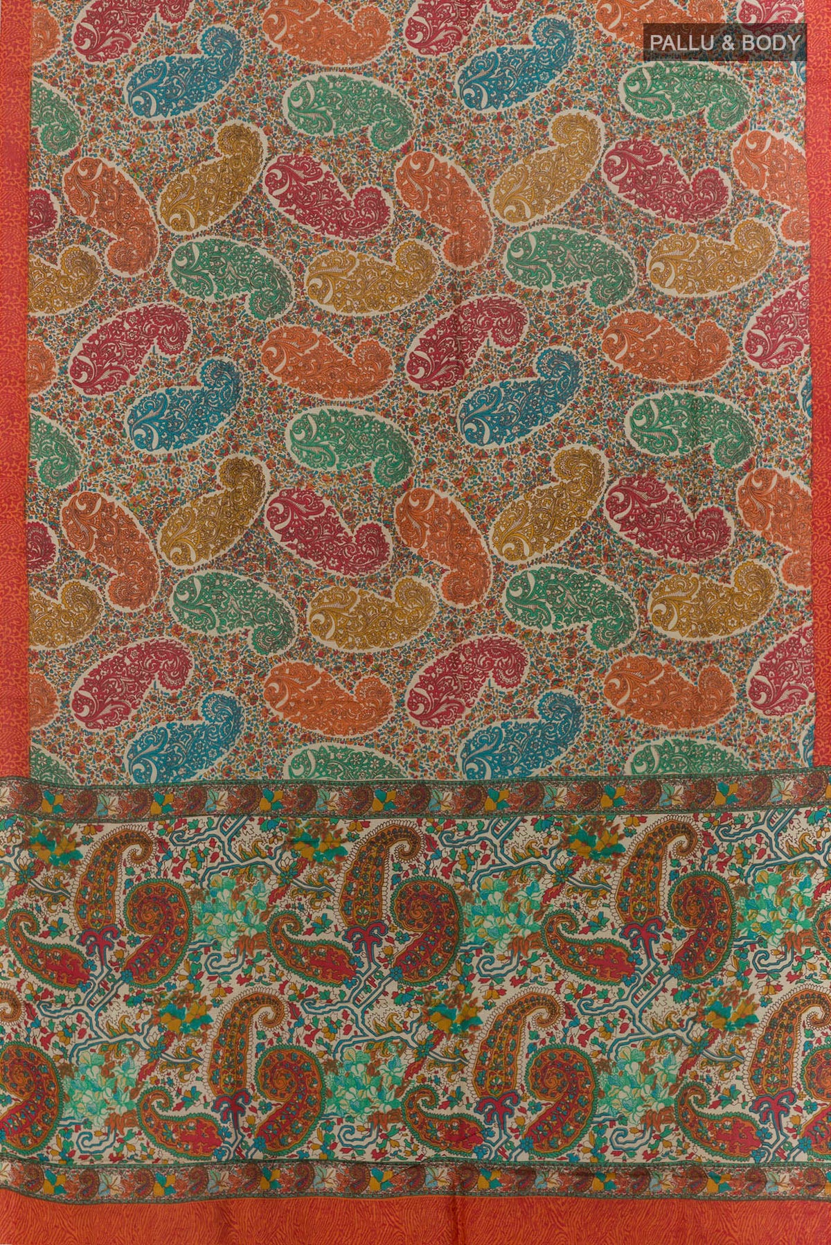 Flat view of Pure Silk Multi Color Printed Saree with Printed design on the body and Printed Border. 