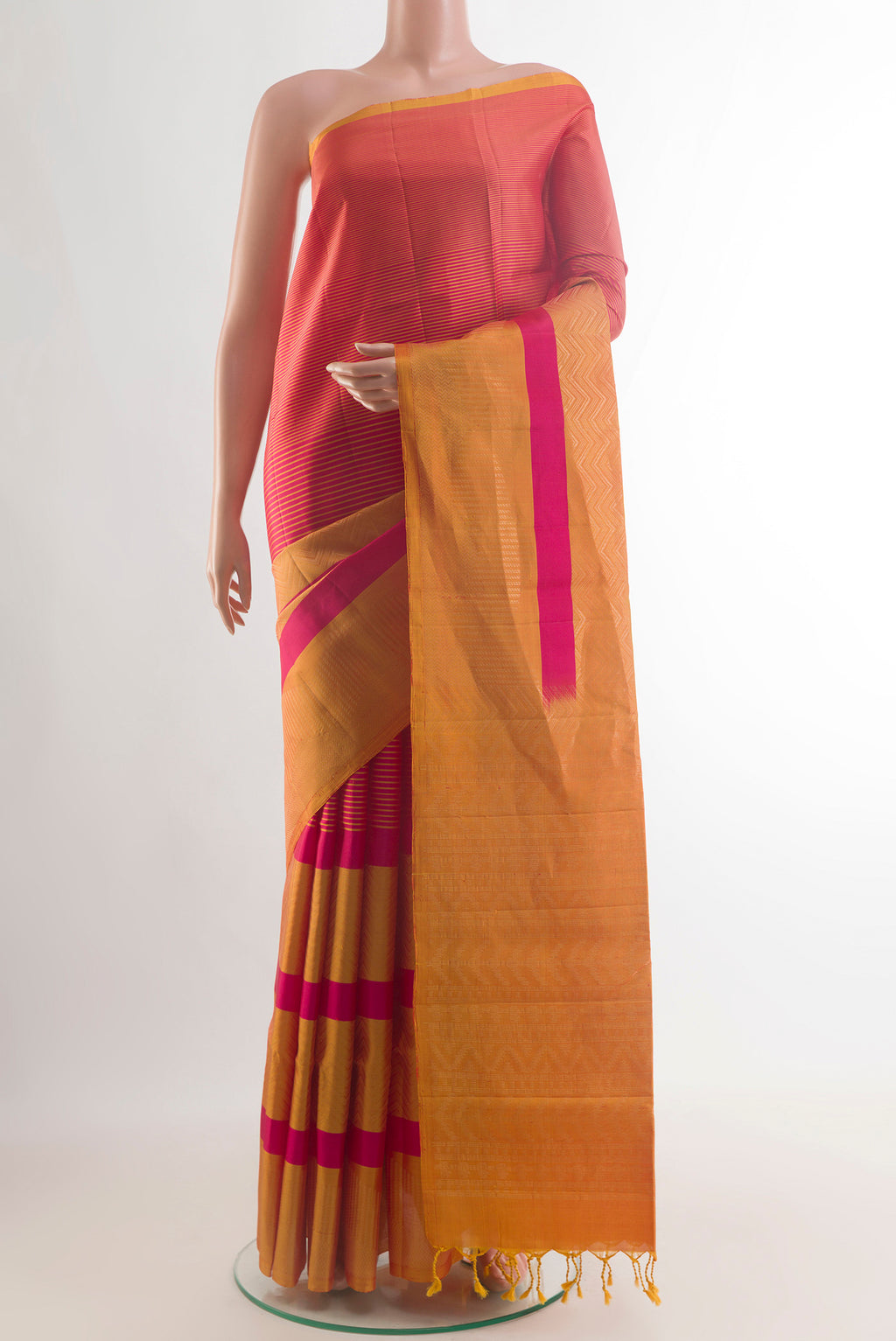 Pure Silk Pink Soft Saree with Stripes on the body and Without Border.  displayed on a mannequin