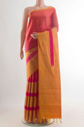 Pure Silk Pink Soft Saree with Stripes on the body and Without Border.  displayed on a mannequin