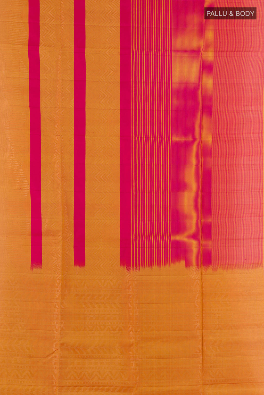 Flat view of Pure Silk Pink Soft Saree with Stripes on the body and Without Border. 