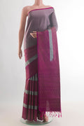 Pure Silk Grey Soft Saree with Stripes on the body and Without Border.  displayed on a mannequin