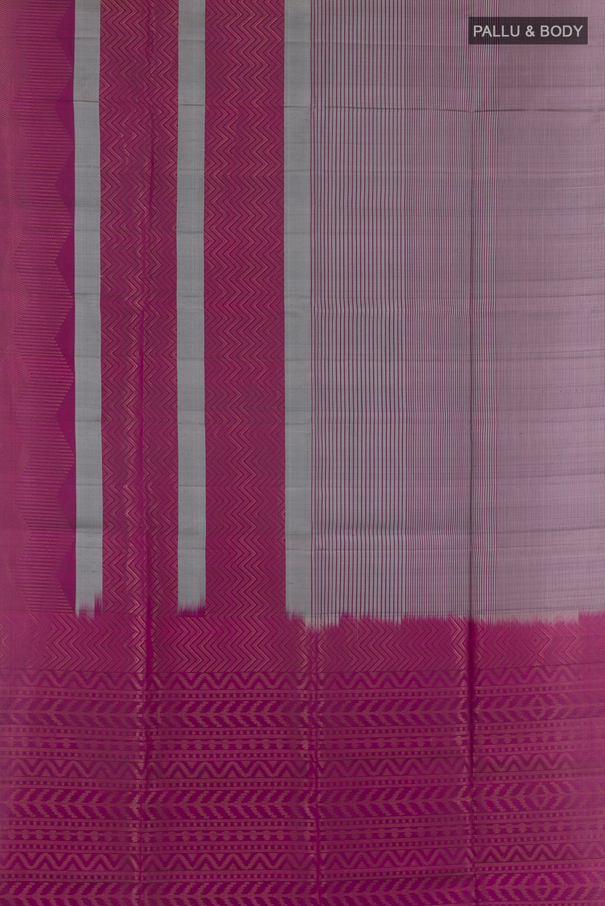 Flat view of Pure Silk Grey Soft Saree with Stripes on the body and Without Border. 