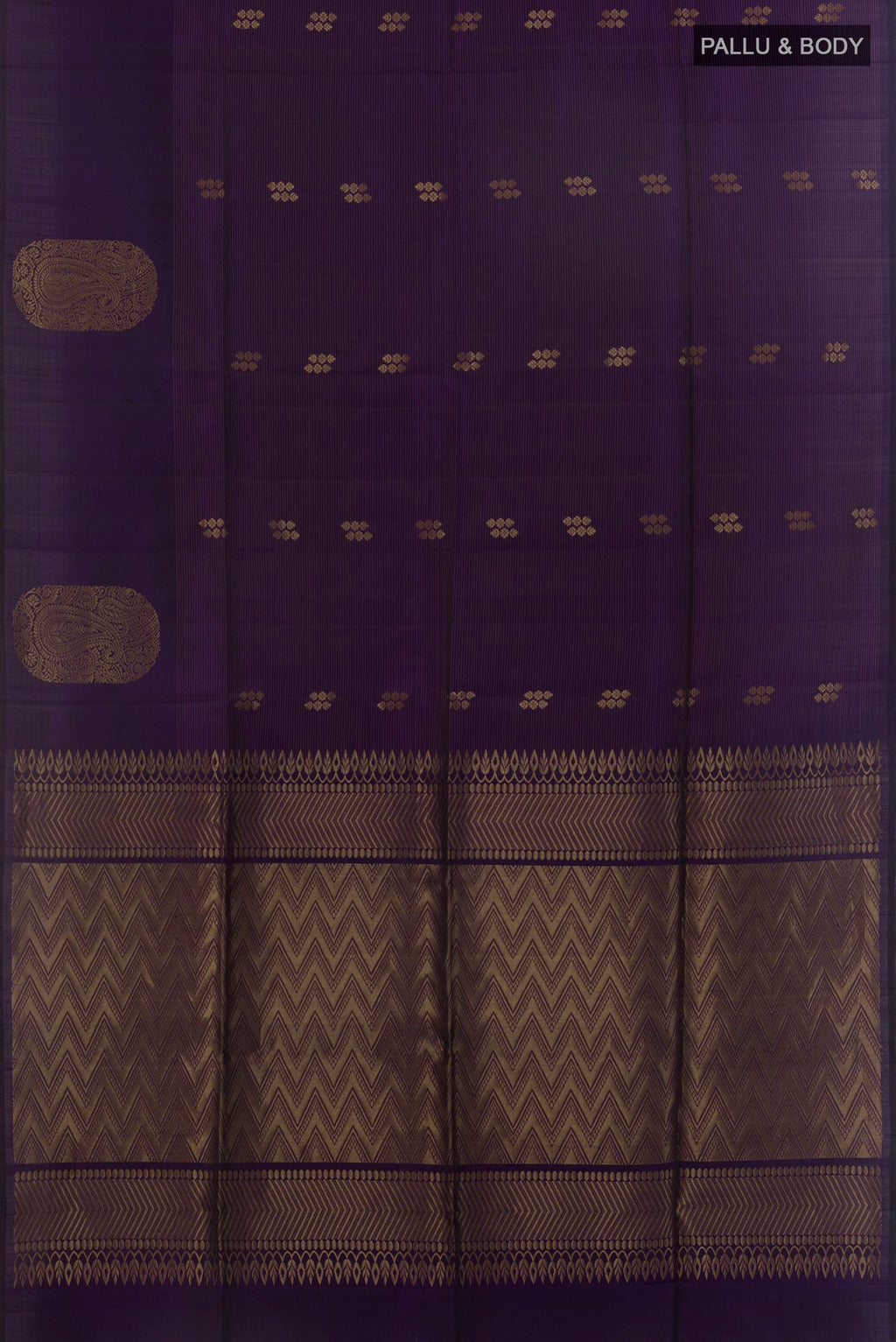 Flat view of Pure Silk Purple Soft Saree with Zari Butta on the body and Without Border. 