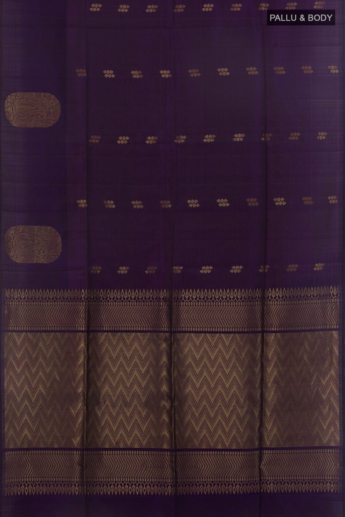 Flat view of Pure Silk Purple Soft Saree with Zari Butta on the body and Without Border. 