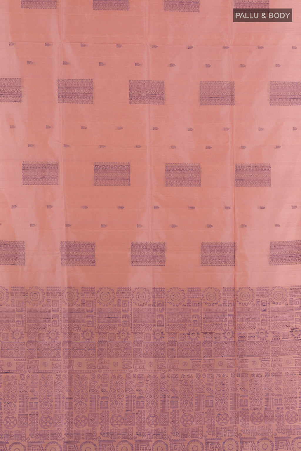Flat view of Pure Silk Peach Soft Saree with Thread Butta on the body and Without Border. 