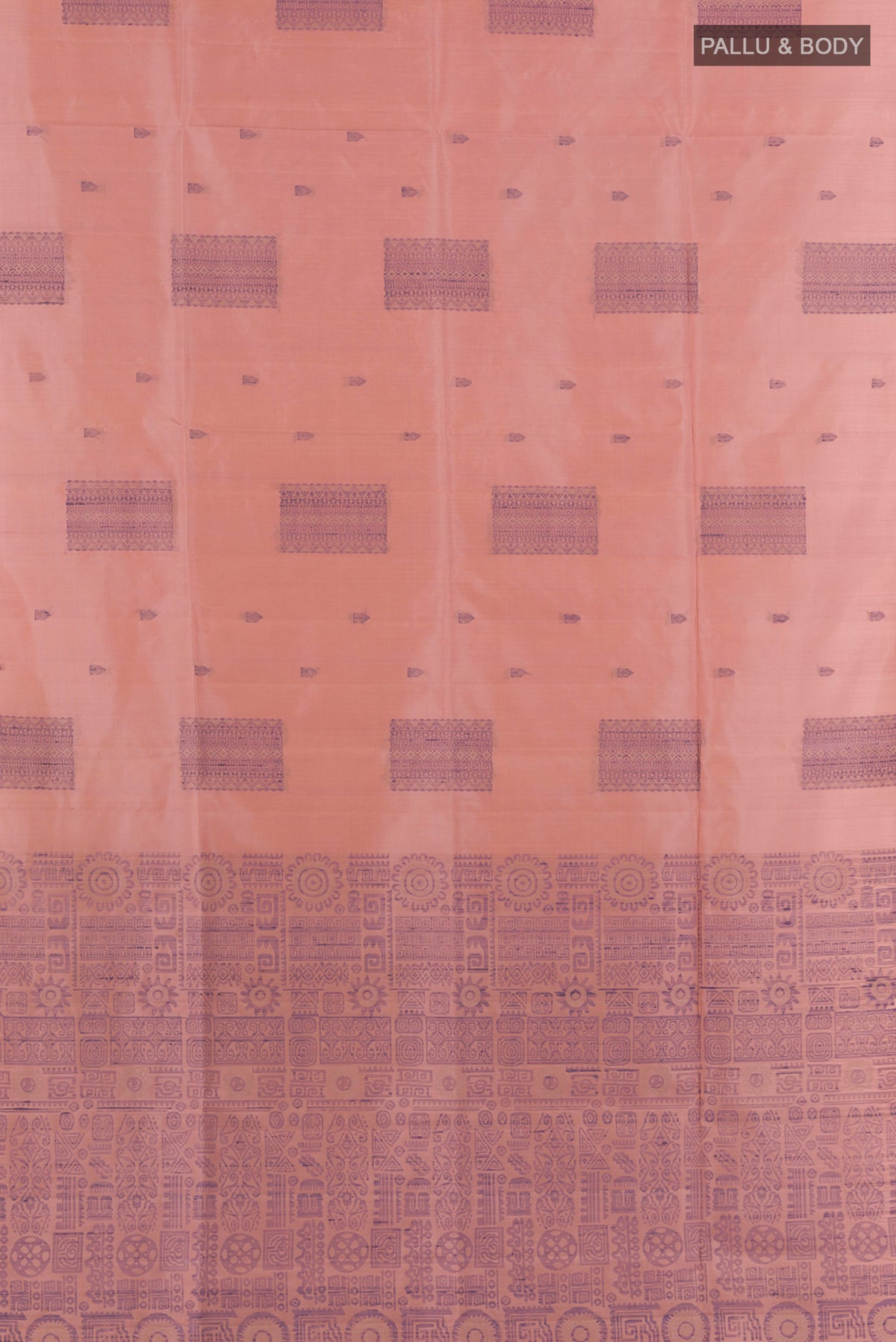Flat view of Pure Silk Peach Soft Saree with Thread Butta on the body and Without Border. 