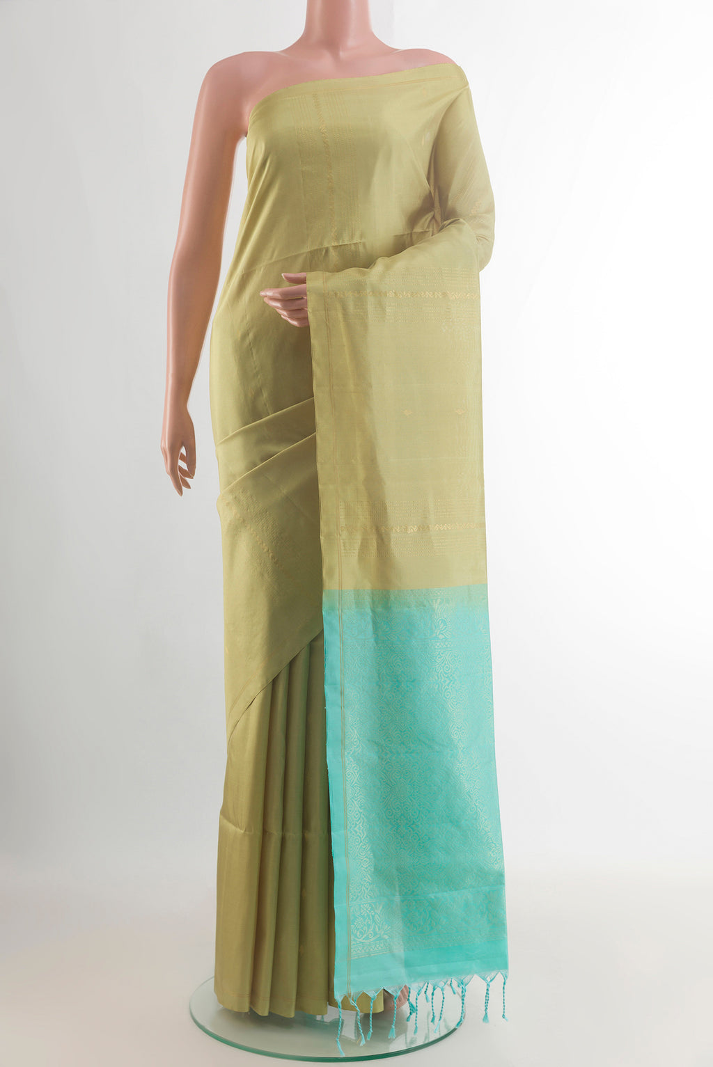 Pure Silk Beige Soft Saree with Stripes on the body and Without Border.  displayed on a mannequin