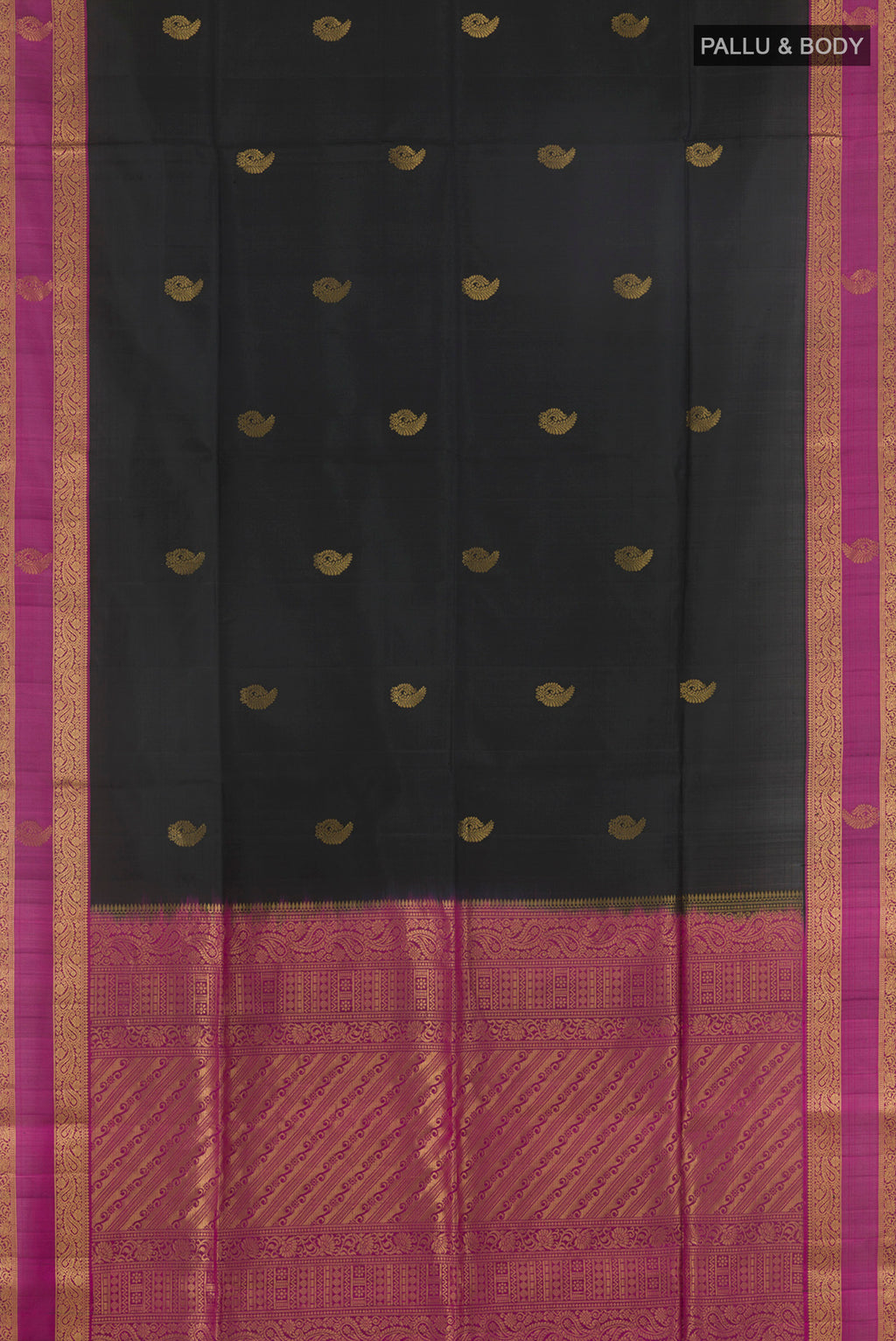 Flat view of Pure Silk Black Soft Saree with Zari Butta on the body and Zari Border. 