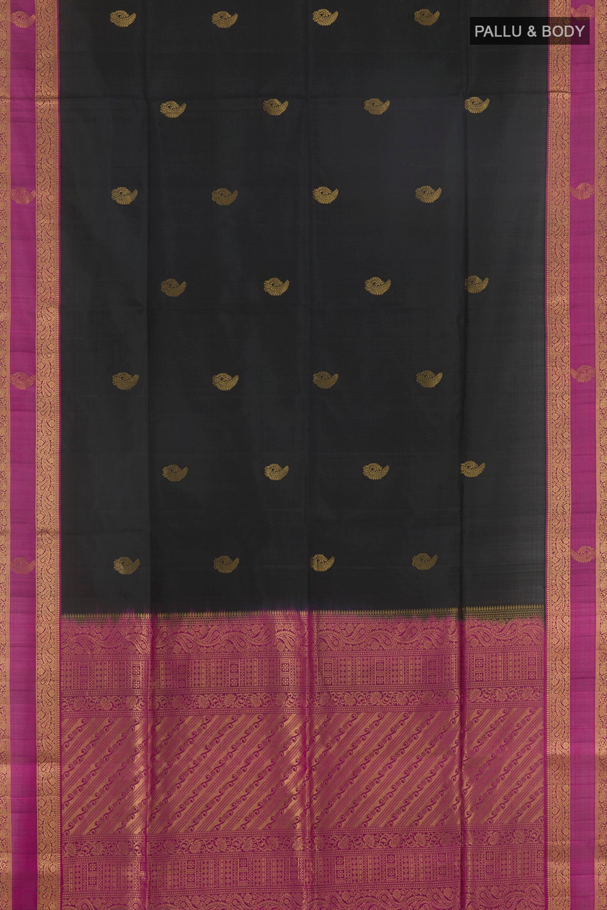 Flat view of Pure Silk Black Soft Saree with Zari Butta on the body and Zari Border. 