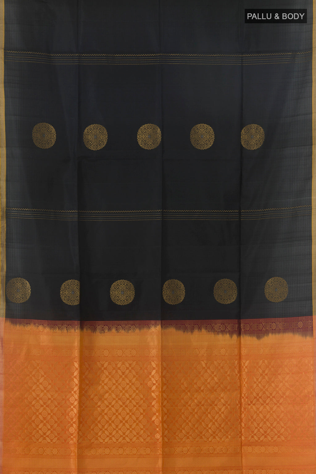 Flat view of Pure Silk Black Soft Saree with Zari Butta on the body and Zari Border. 