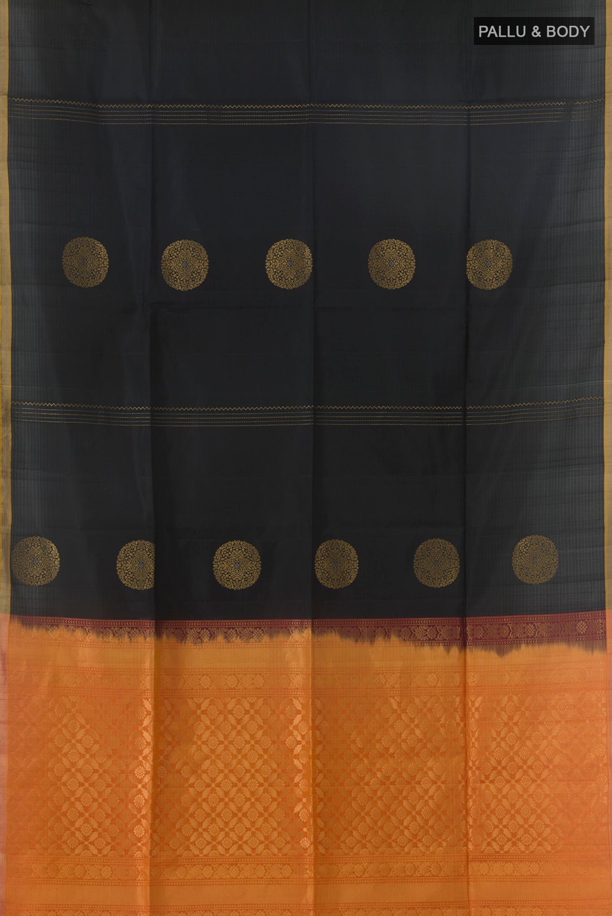 Flat view of Pure Silk Black Soft Saree with Zari Butta on the body and Zari Border. 