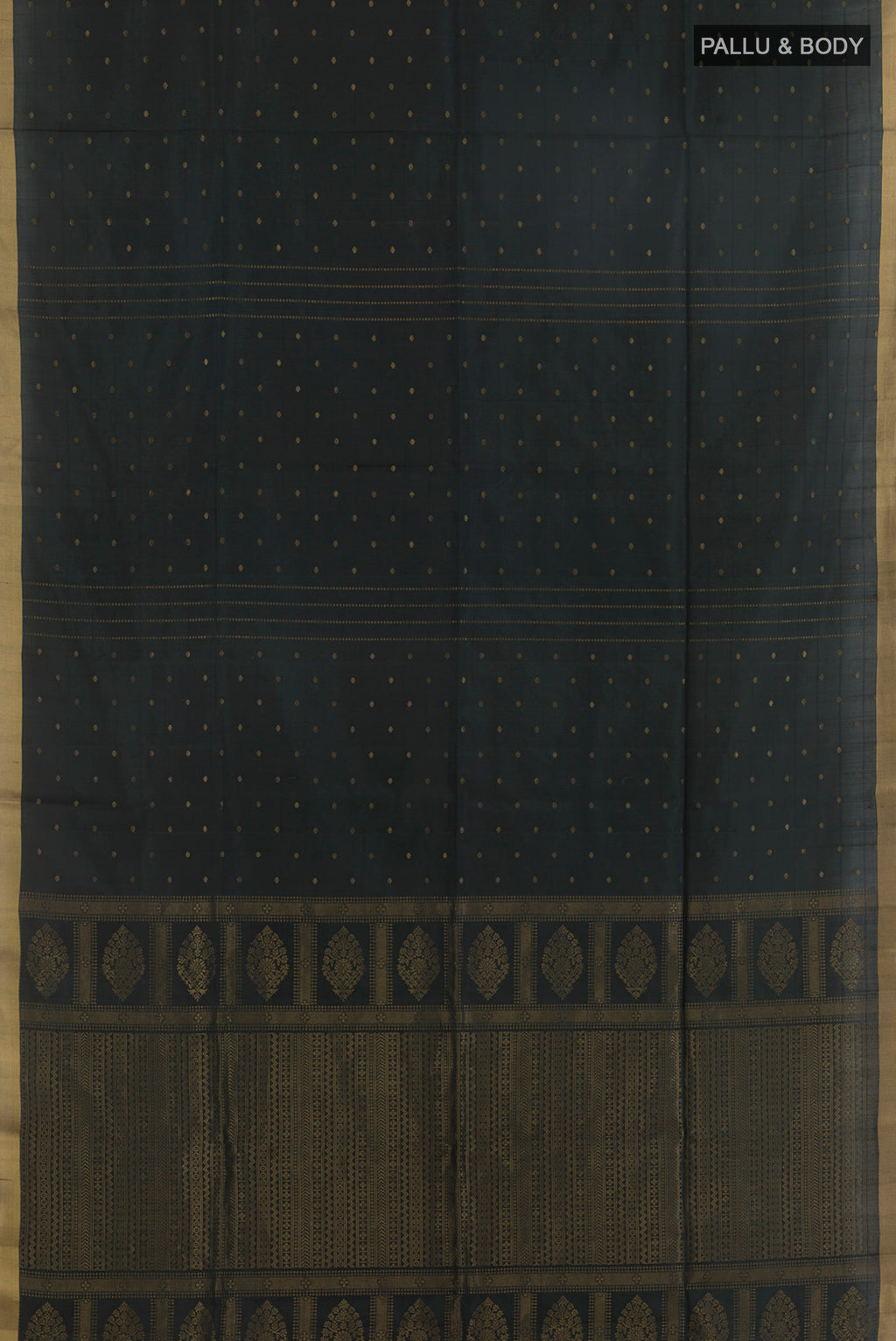 Flat view of Pure Silk Black Soft Saree with Zari Butta on the body and Zari Border. 