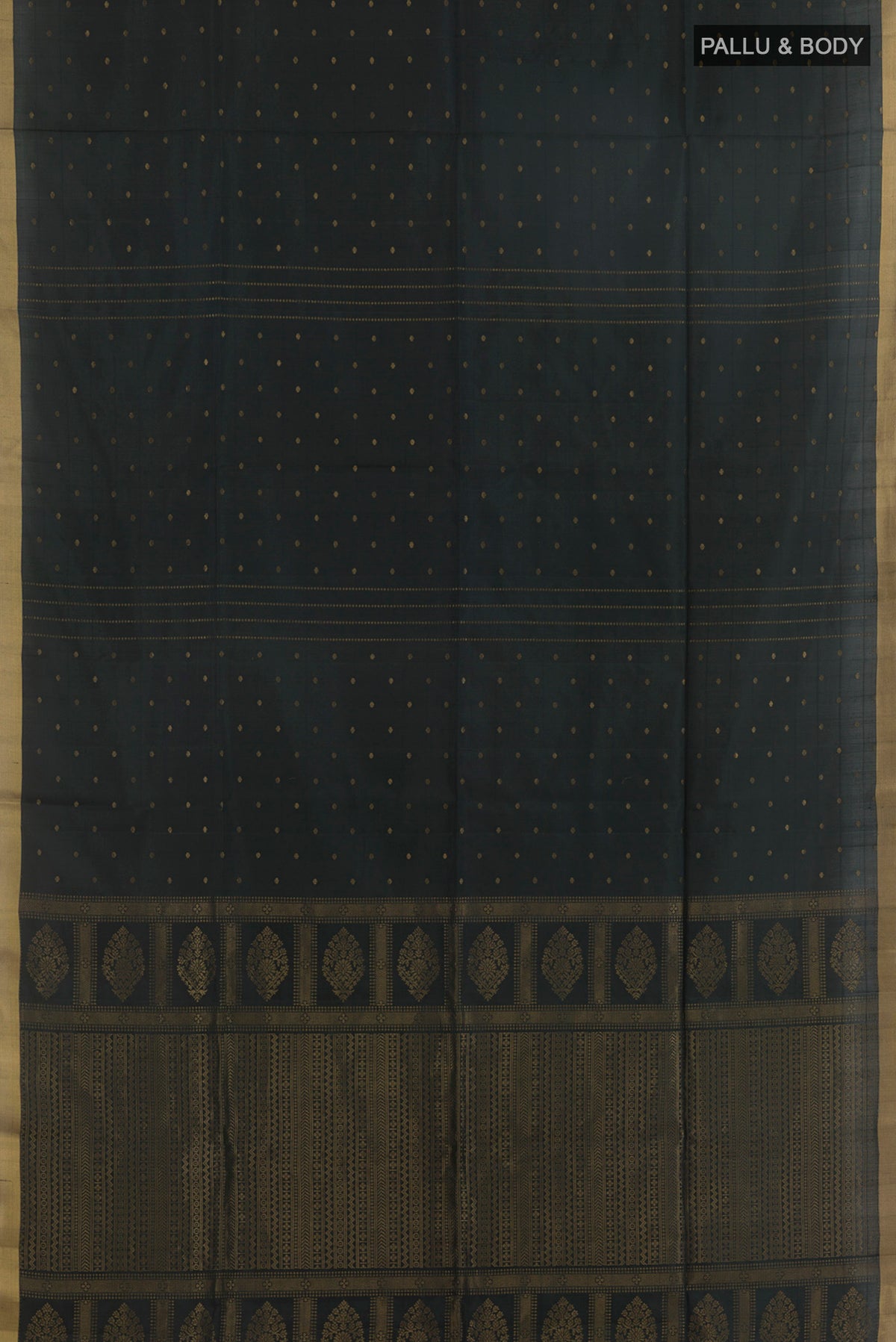 Flat view of Pure Silk Black Soft Saree with Zari Butta on the body and Zari Border. 