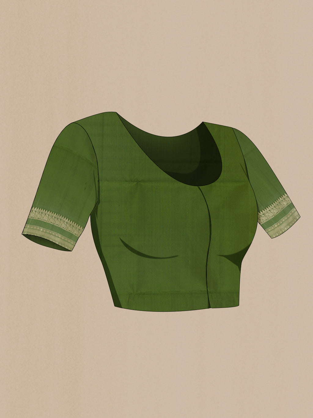 Close up image of the blouse of Pure Silk Green Soft Saree with Zari Butta on the body and Zari Border. 