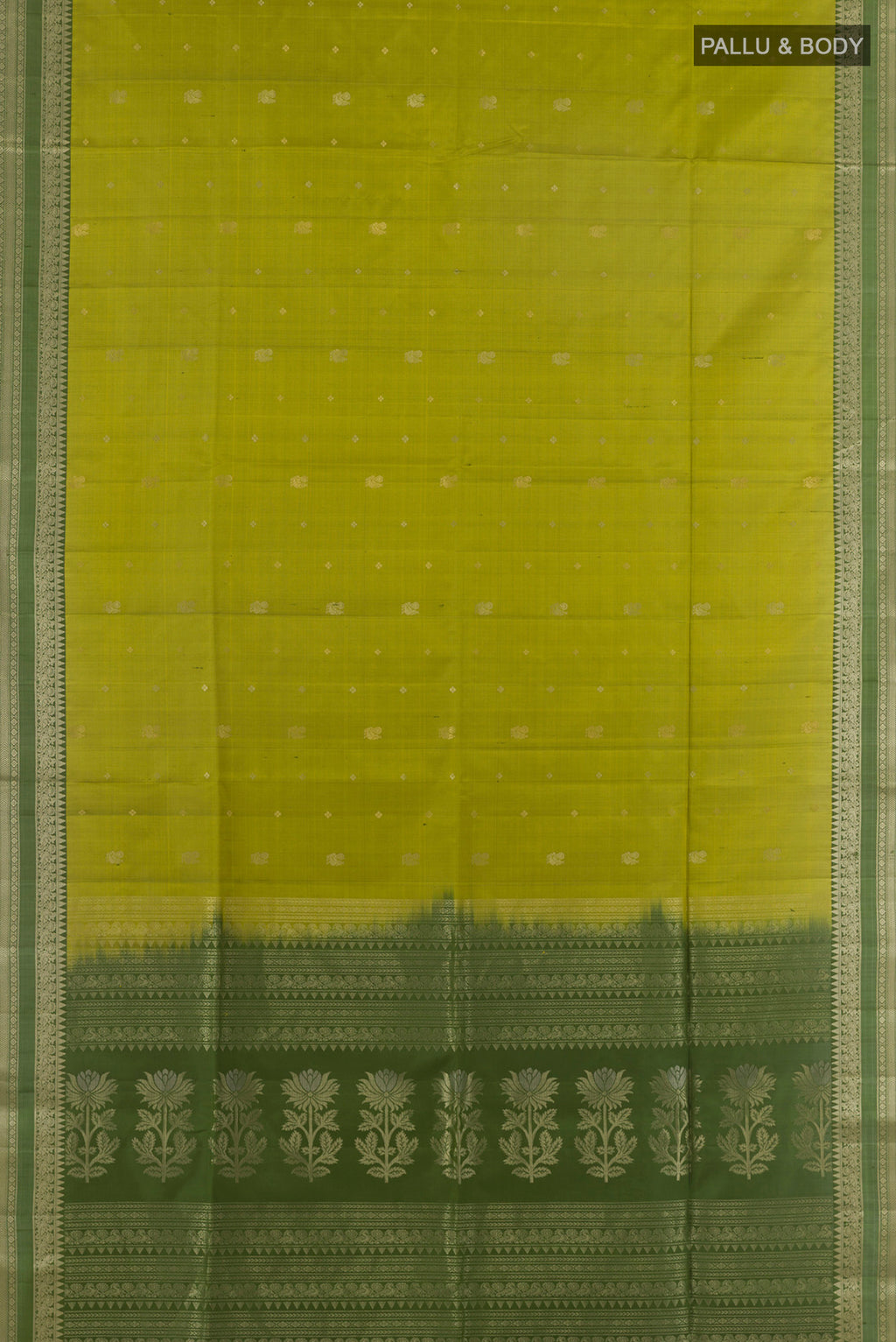 Flat view of Pure Silk Green Soft Saree with Zari Butta on the body and Zari Border. 