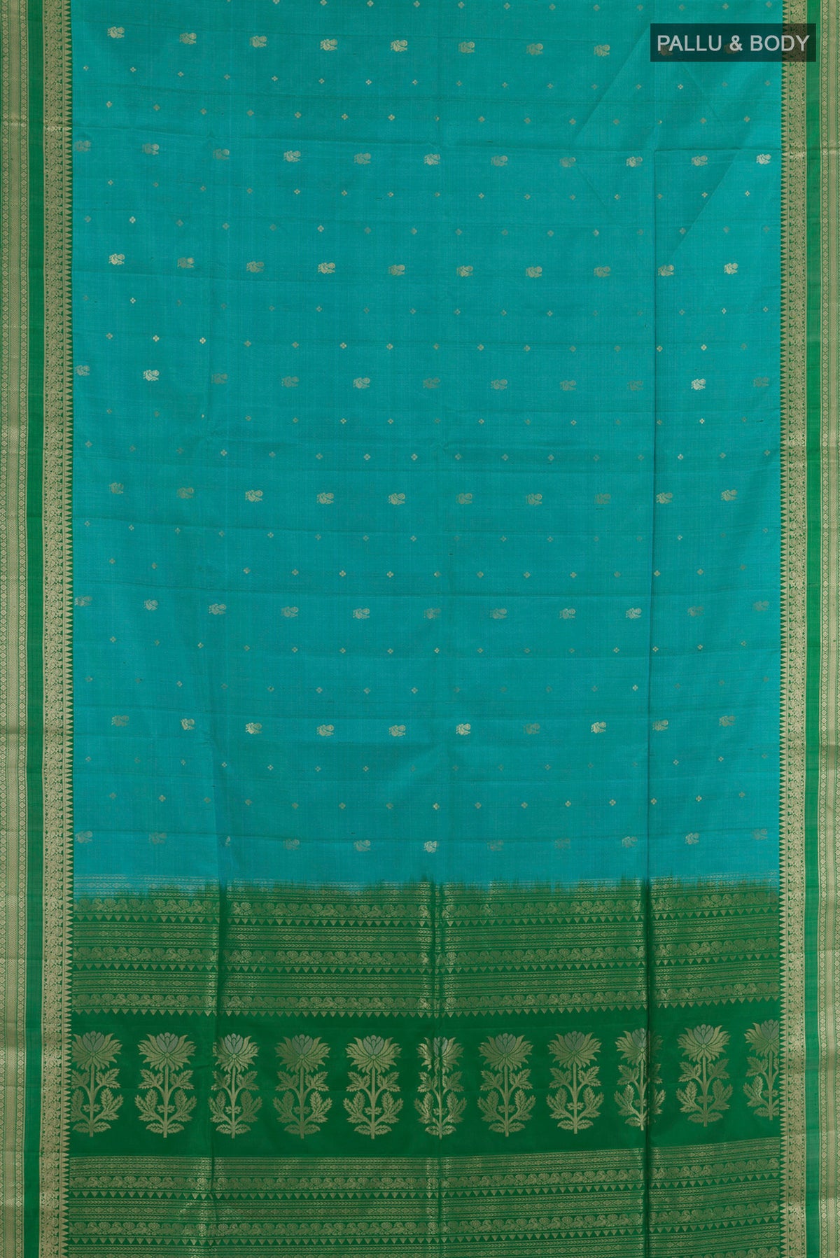 Flat view of Pure Silk Turquoise Soft Saree with Zari Butta on the body and Zari Border. 