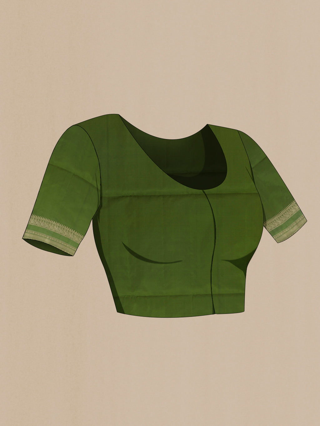 Close up image of the blouse of Pure Silk Sage Green Soft Saree with Zari Butta on the body and Zari Border. 