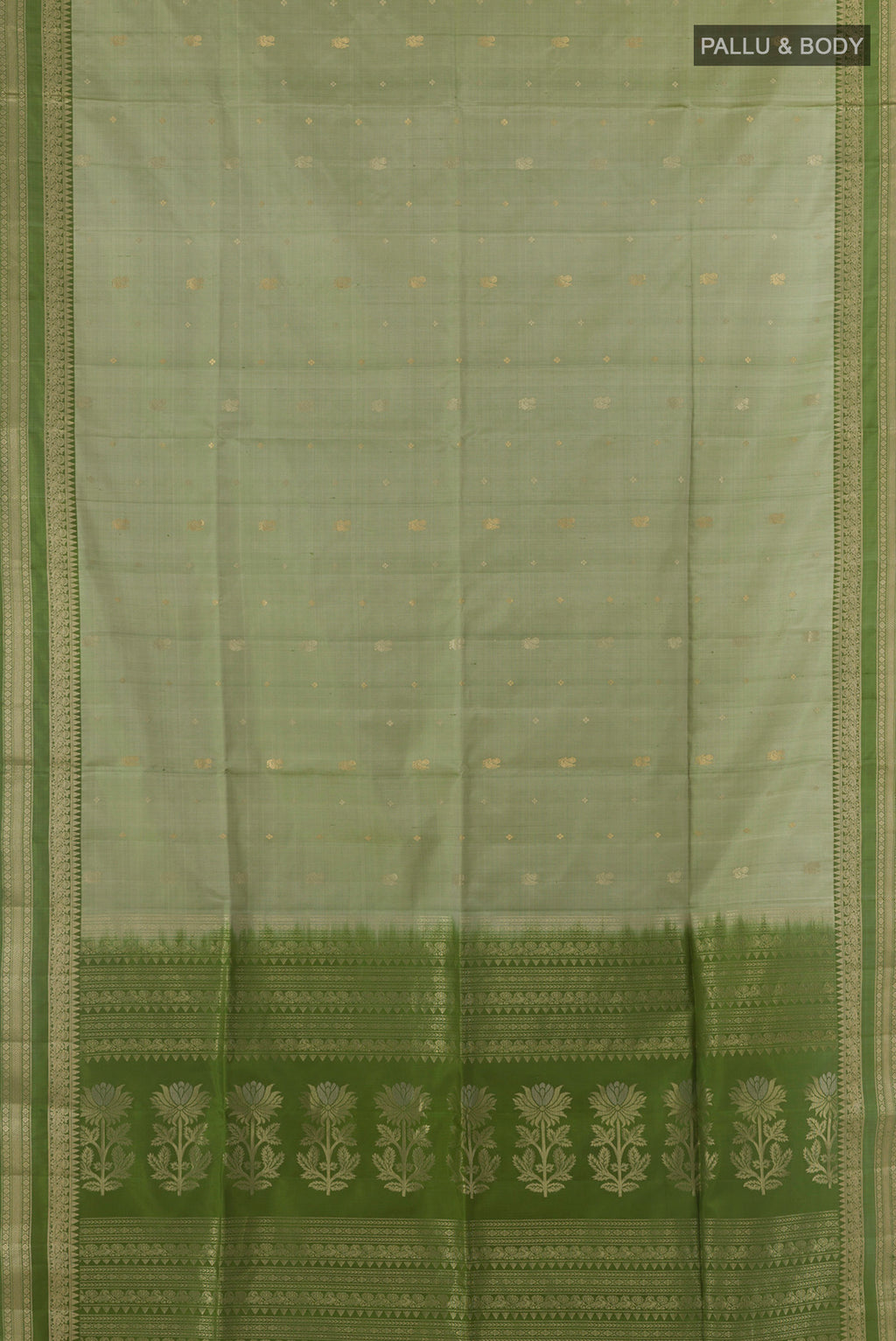 Flat view of Pure Silk Sage Green Soft Saree with Zari Butta on the body and Zari Border. 