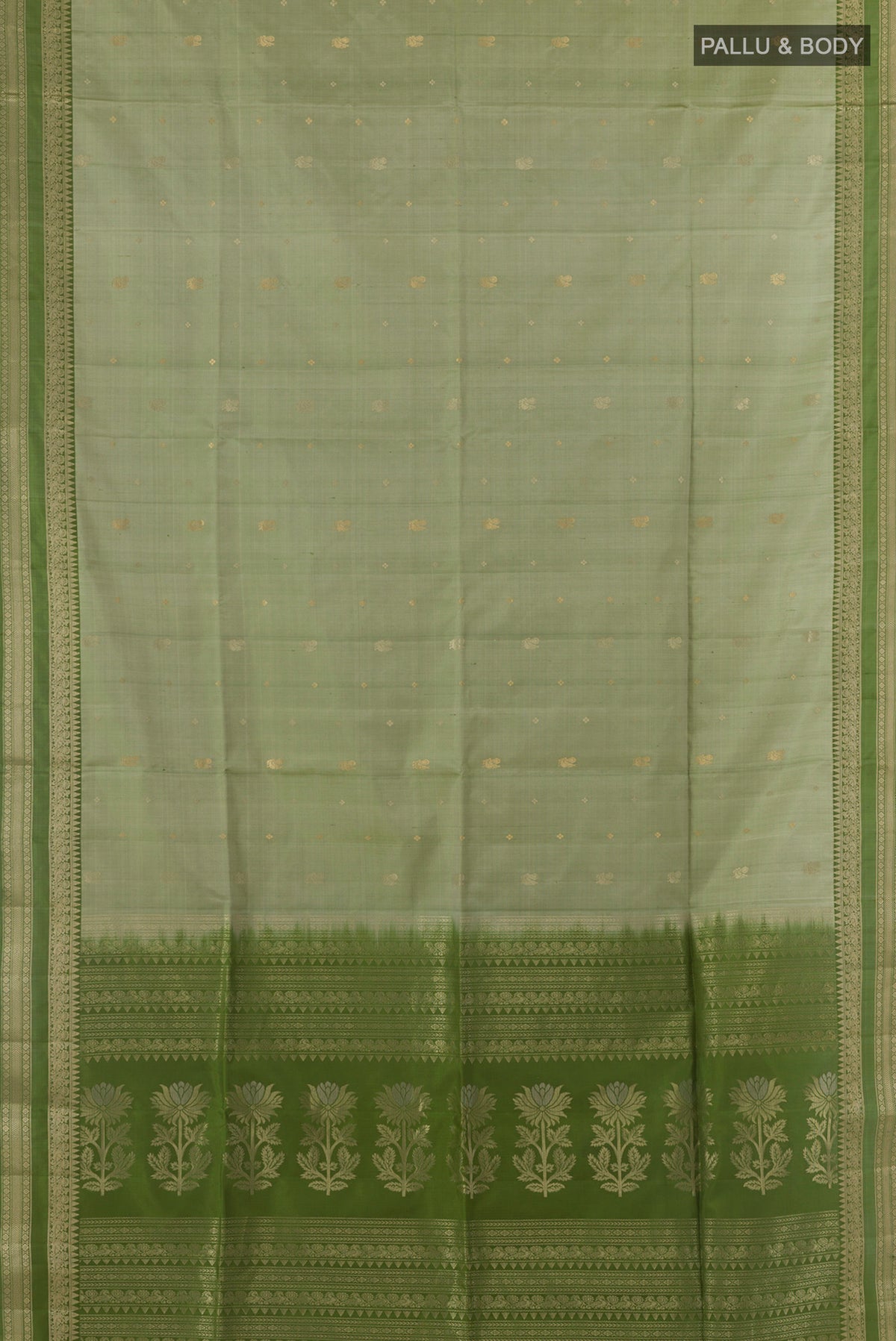 Flat view of Pure Silk Sage Green Soft Saree with Zari Butta on the body and Zari Border. 