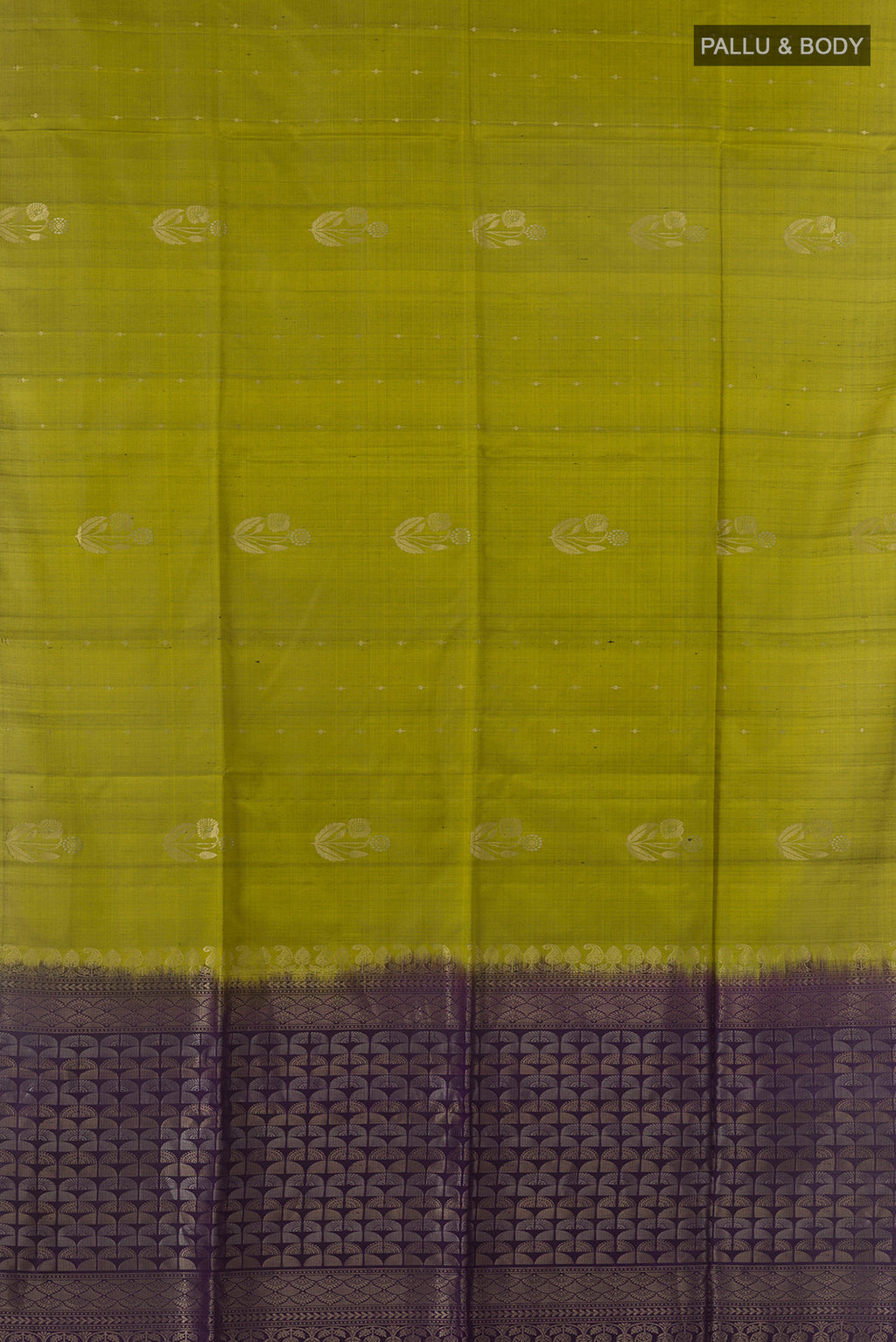 Flat view of Pure Silk Mehandi Green Soft Saree with Zari Butta on the body and Without Border. 