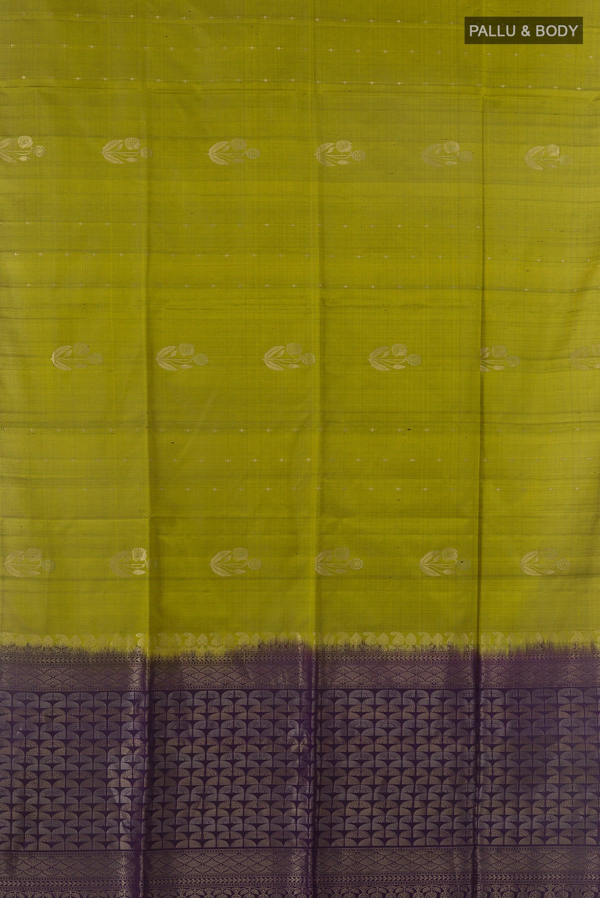 Flat view of Pure Silk Mehandi Green Soft Saree with Zari Butta on the body and Without Border. 