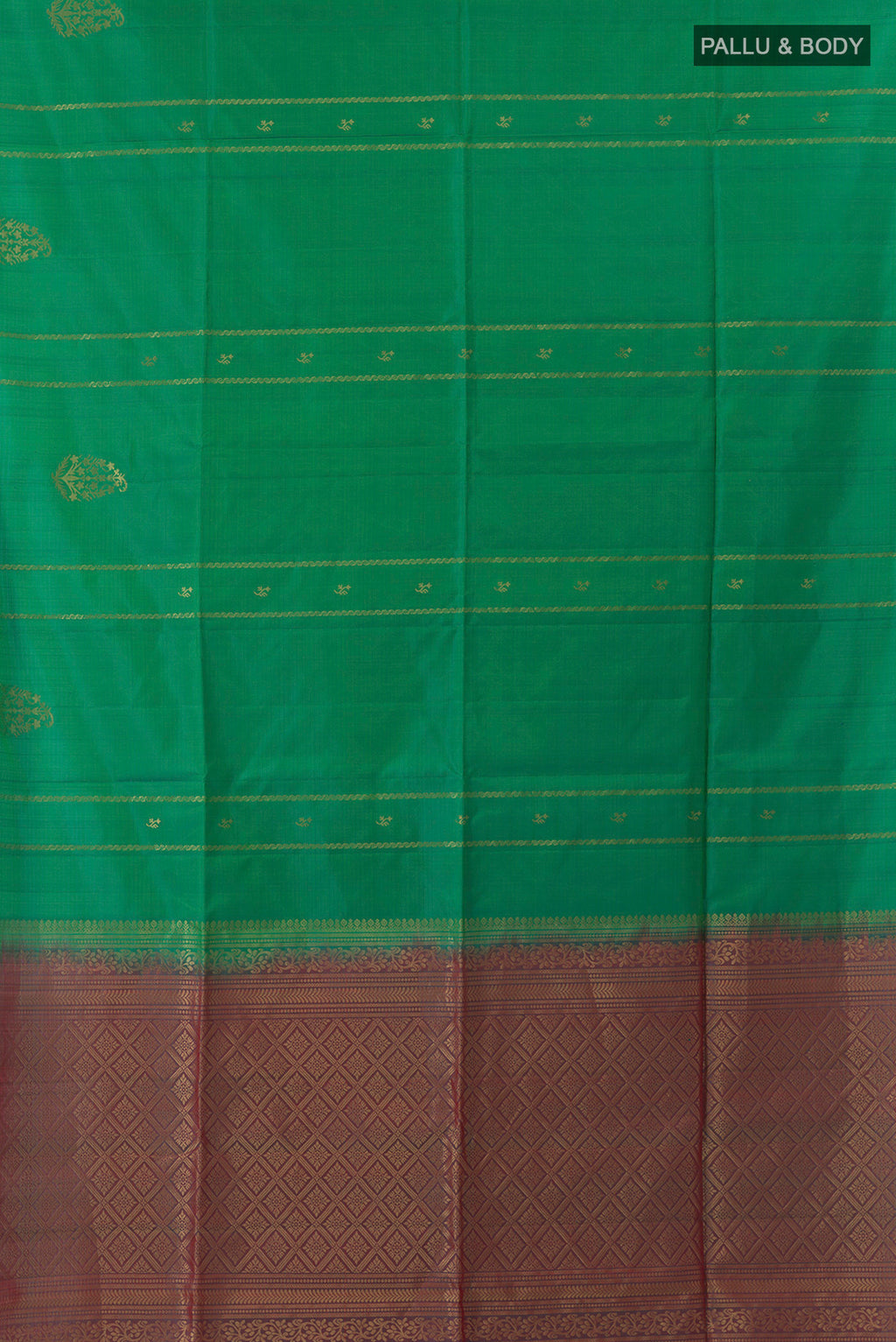 Flat view of Pure Silk Green Soft Saree with Stripes on the body and Without Border. 