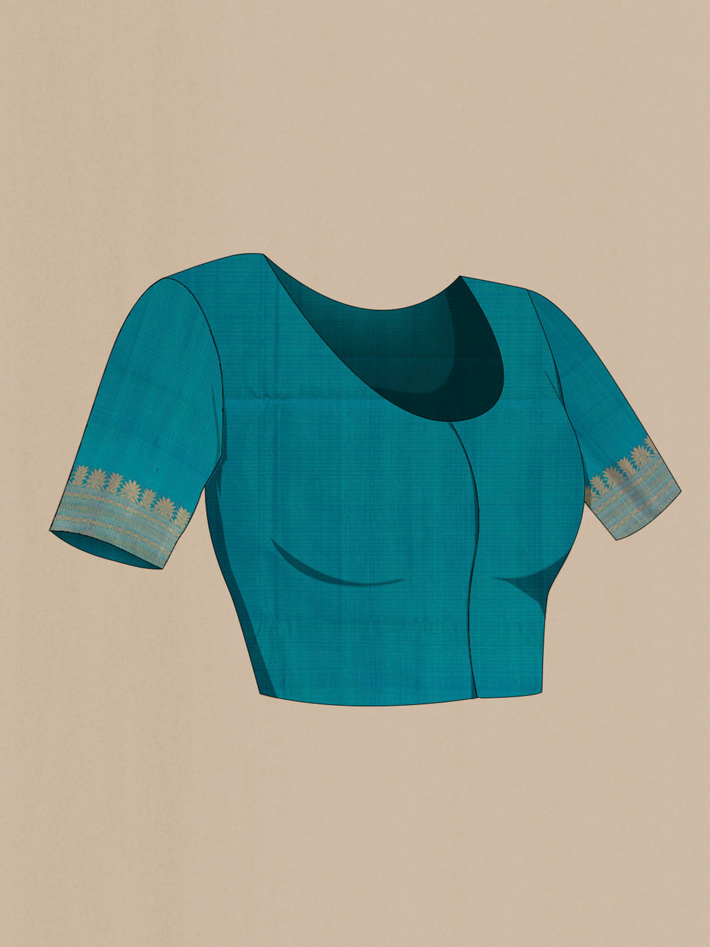 Close up image of the blouse of Pure Silk Blue Soft Saree with Zari Butta on the body and Zari Border. 