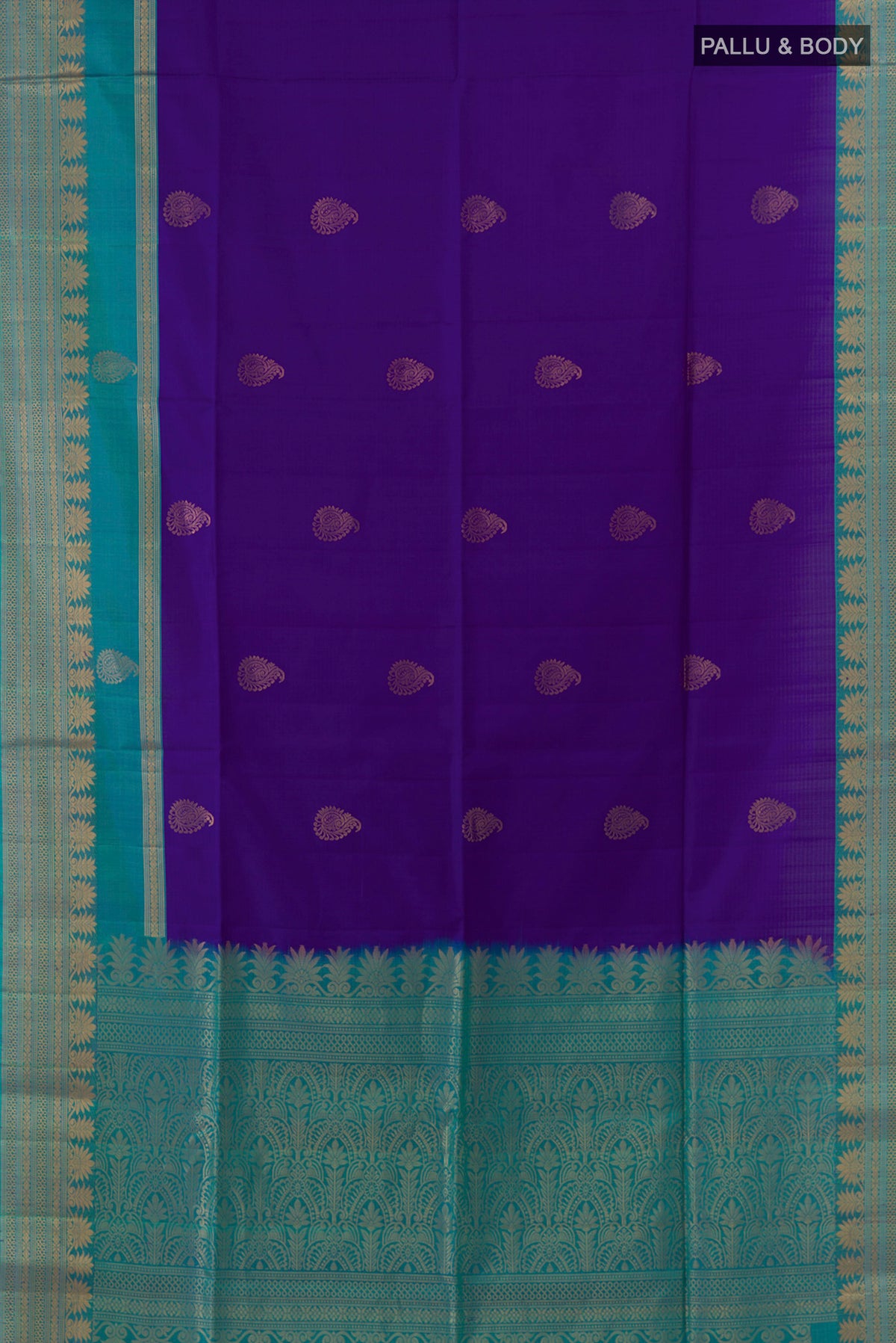 Flat view of Pure Silk Blue Soft Saree with Zari Butta on the body and Zari Border. 