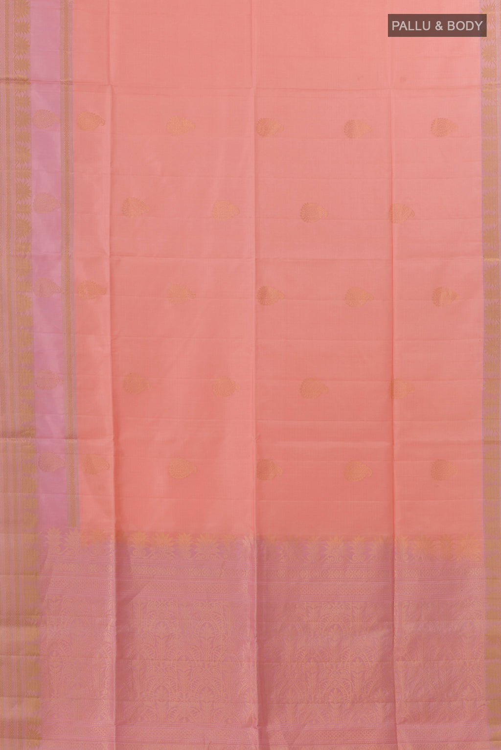 Flat view of Pure Silk Peach Soft Saree with Zari Butta on the body and Zari Border. 