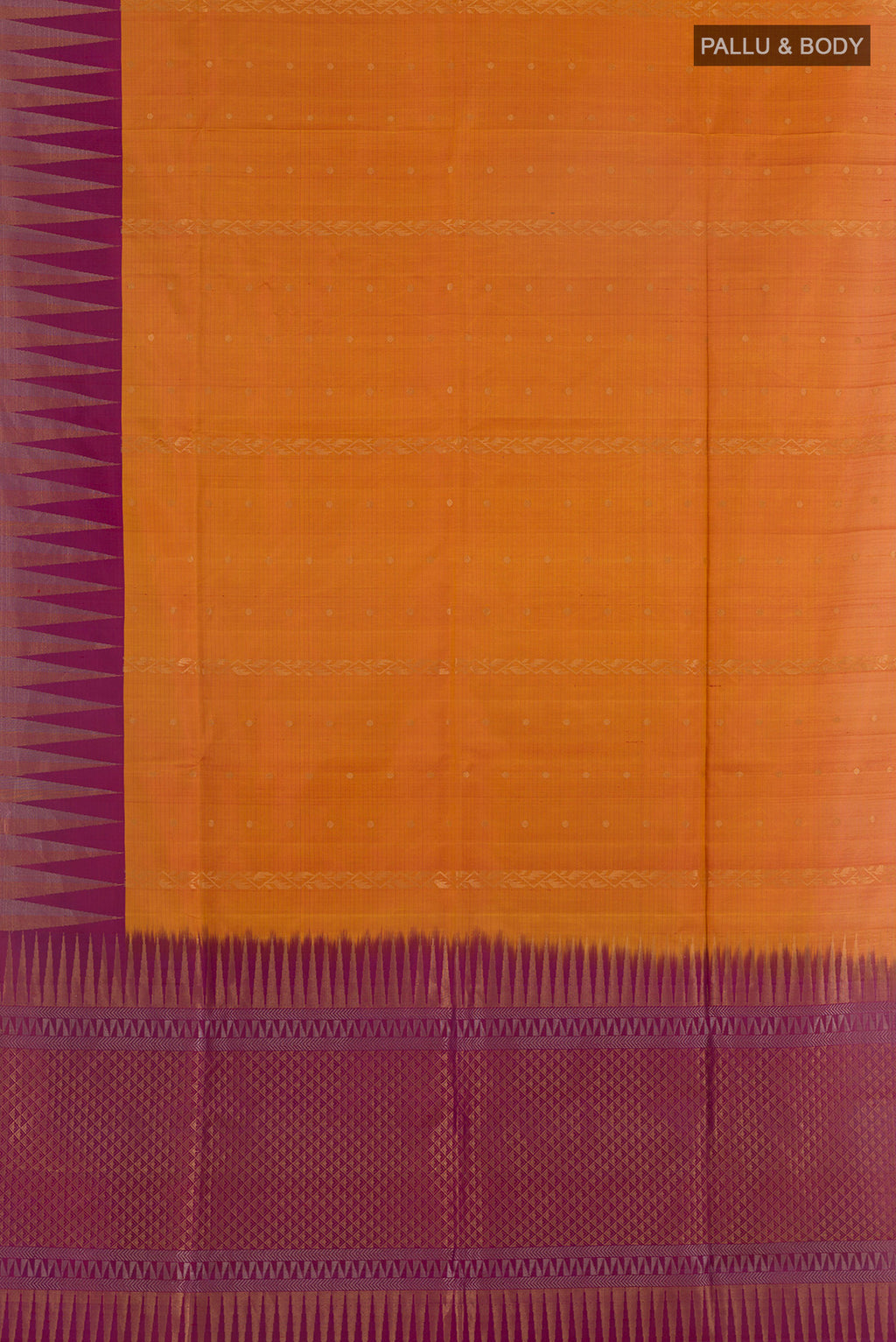 Flat view of Pure Silk Mustard Soft Saree with Zari Butta on the body and Zari Border. 
