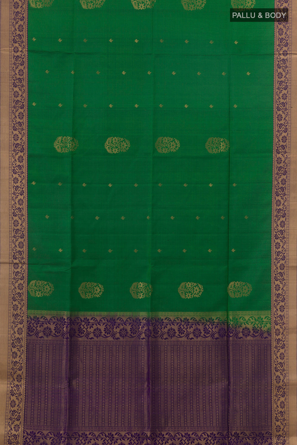 Flat view of Pure Silk Green Soft Saree with Zari Butta on the body and Zari Border. 