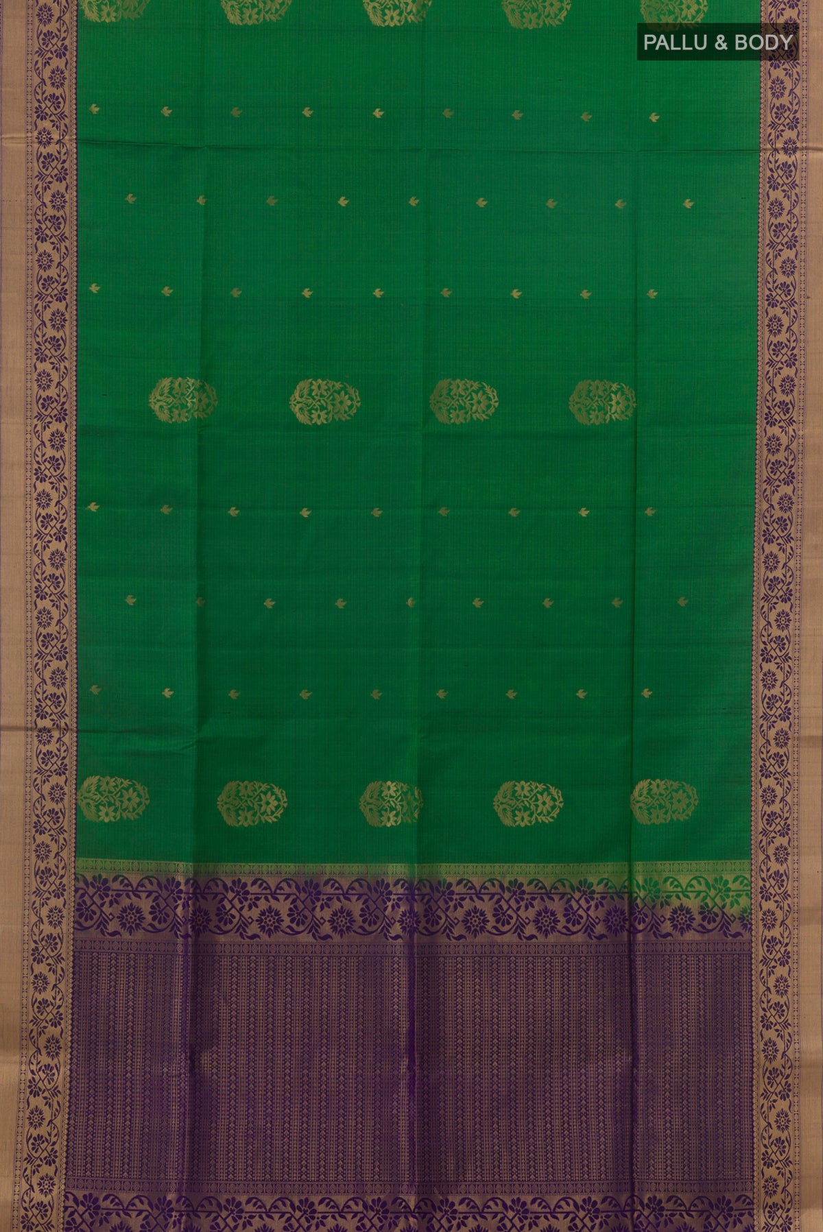 Flat view of Pure Silk Green Soft Saree with Zari Butta on the body and Zari Border. 