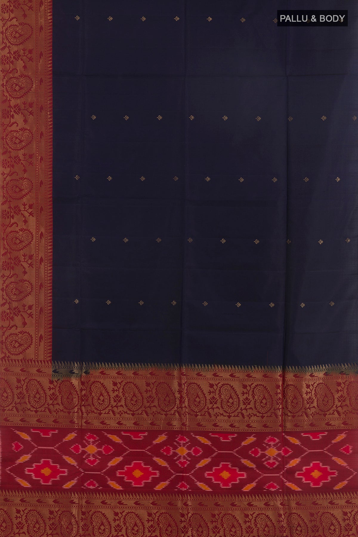 Flat view of Pure Silk Navy Blue Soft Saree with Zari Butta on the body and Zari Border. 