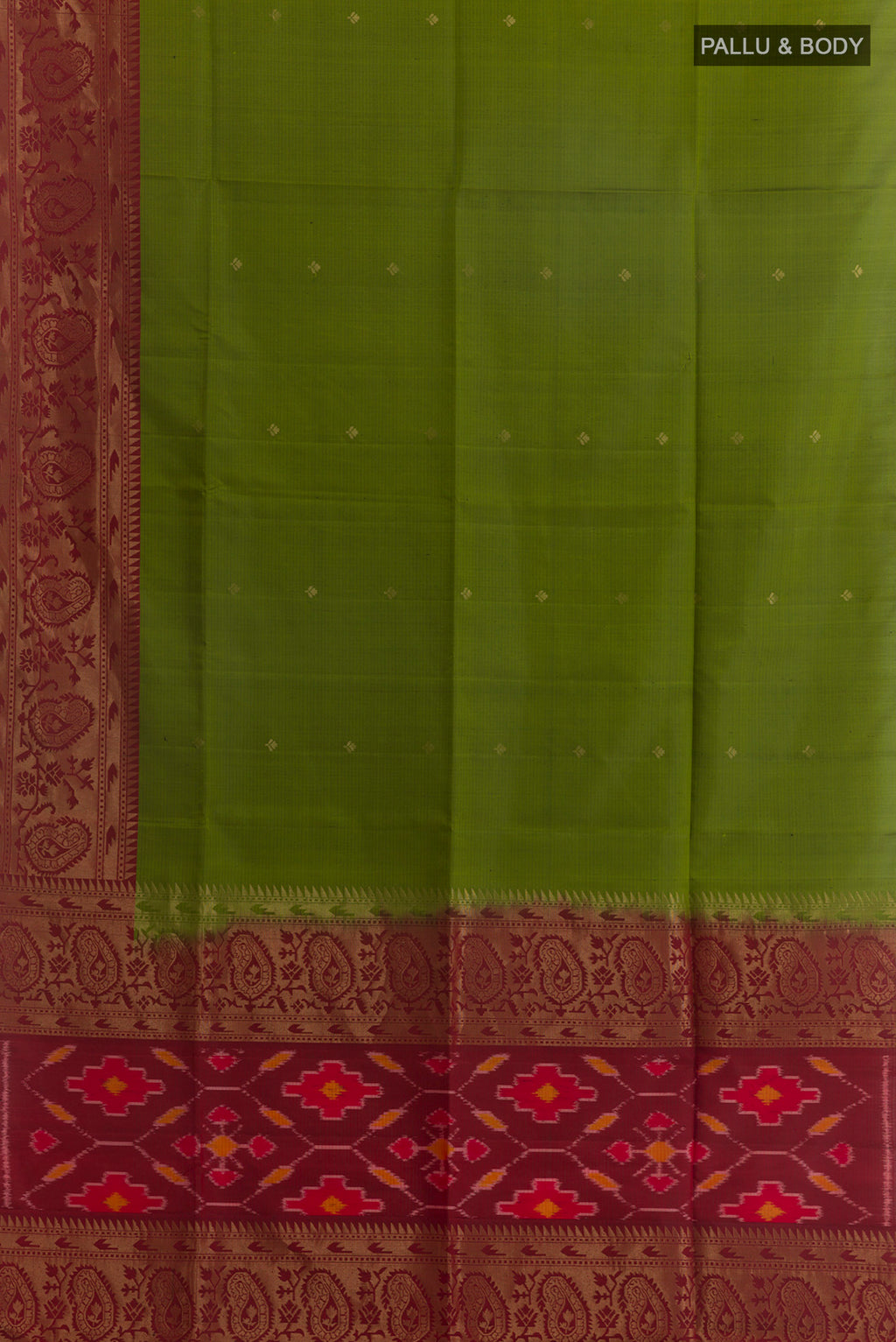 Flat view of Pure Silk Green Soft Saree with Zari Butta on the body and Zari Border. 