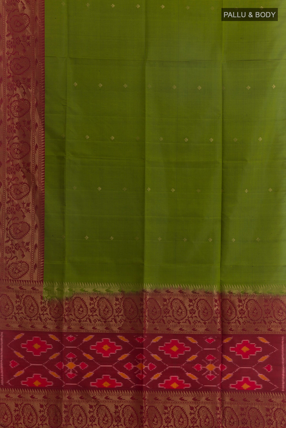 Flat view of Pure Silk Green Soft Saree with Zari Butta on the body and Zari Border. 