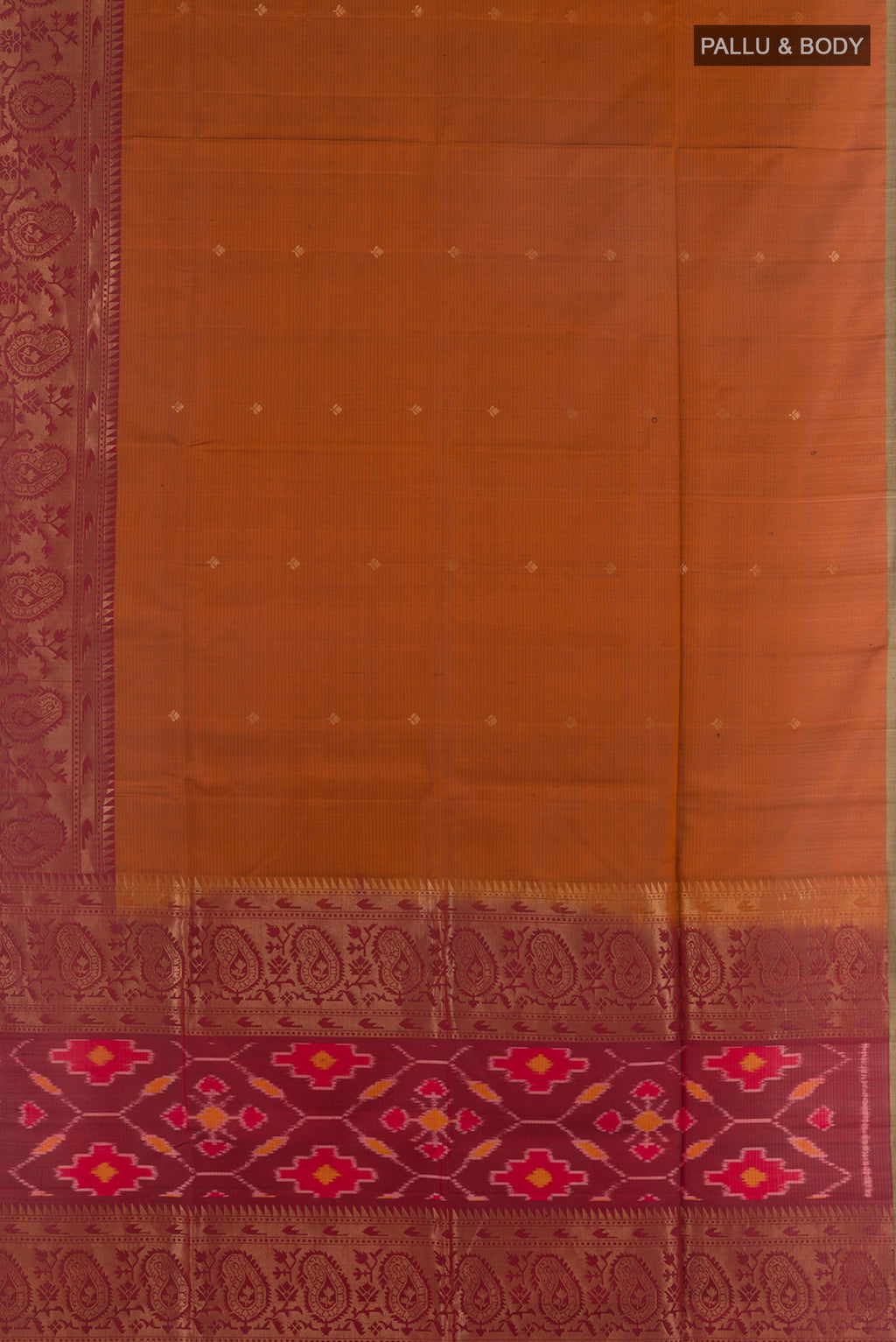 Flat view of Pure Silk Mustard Soft Saree with Zari Butta on the body and Zari Border. 